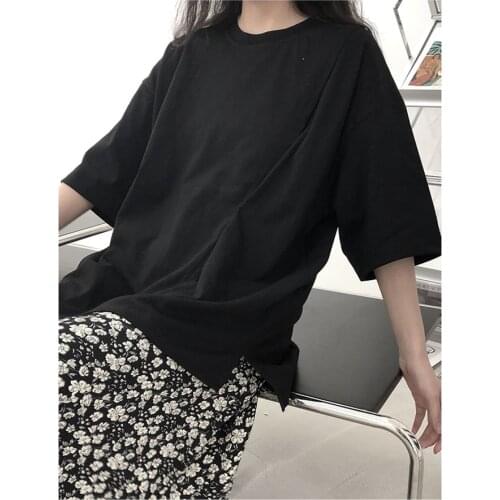 Large design sense niche T-shirt womens summer 2021 New Cotton Short Sleeve Black loose top fashion