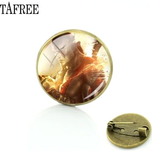 TAFREE God of War Brooches Pins Fashion Novelty Antique Bronze Plated Glass Dome Classic Game Men Women Fans Badge Jewelry GW01