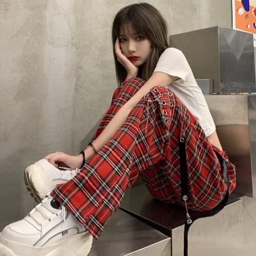 Ruibbit Harajuku Punk Plaid Pants With Chain Women Streetwear Red Casual Loose Straight Pants Fashion Hip Hop Female Trousers