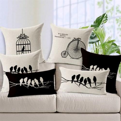 Bird Cushion Covers Black and white Decorative Pillows Cases Linen Cotton Throw Pillow Christmas Cushion Cover 45x45cm