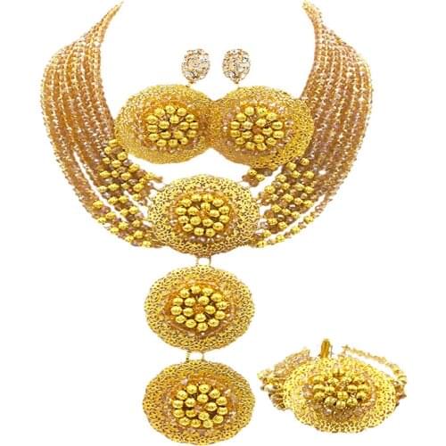 Champagne Gold AB African Beads Jewelry Set Crystal Beaded Costume Necklace Nigerian Wedding Party Jewelry Accessories 8-3PH10