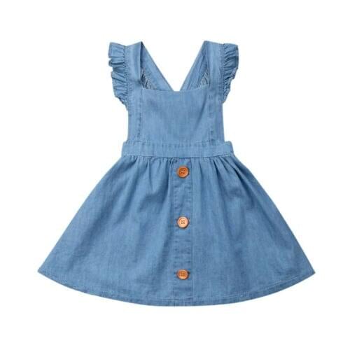 Toddler Kids Baby Girls Princess Party Princess Girls Denim Button Strap Dress Sundress Girl Dress