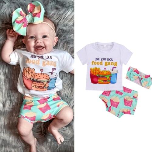 FOCUSNORM 3pcs Baby Girls Boys Lovely Clothes Sets Pattern Printed Short Sleeve T Shirts Tops Shorts Headband 0-24M