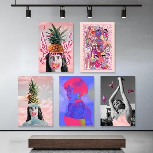 HD Print Modular Frame Painting Pineapple Girl Poster Abstract Color Woman Canvas Picture Modern Decor Wall Art Living Room Home
