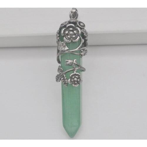 Green Aventurine Stone GEM Pillar Pendant Flower Plants Jewelry S231