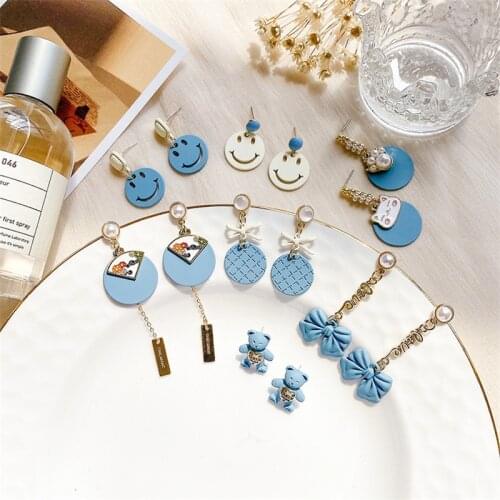 Korean Version Of Fresh Macaron Ocean Blue Earrings Female Summer New Fashion Smiley Bear Earrings Long Earrings