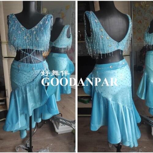 GOODANPAR costume Latin Dance Competition Dress Women with bodysuit bra cups Salsa Sexy lace beads tube fringes blue