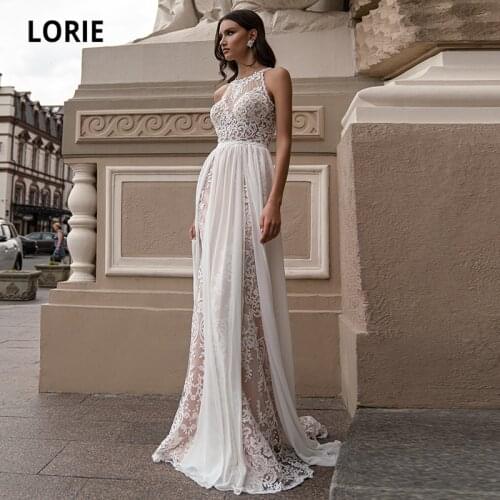 LORIE Beach Wedding Dresses 2021 Halter Lace Boho Wedding Gown Chiffon Princess Bride Dress vestidos de boda
