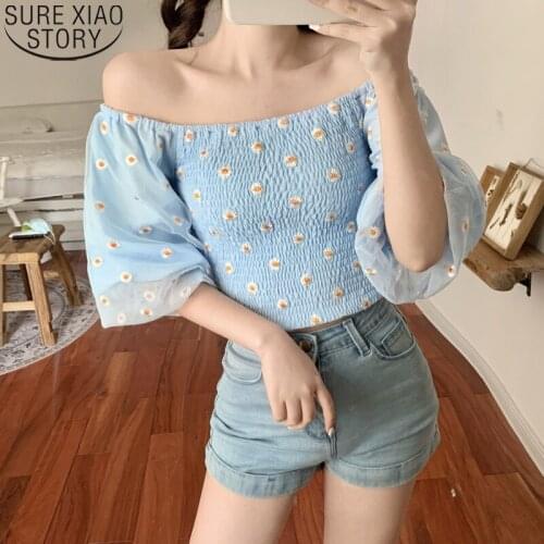 Sweet Girls Women Flower Print Mesh Chiffon Blouses Shirts Female Slash Neck Half Lantern Sleeve Fairy Blouses Tops Blusas 9933