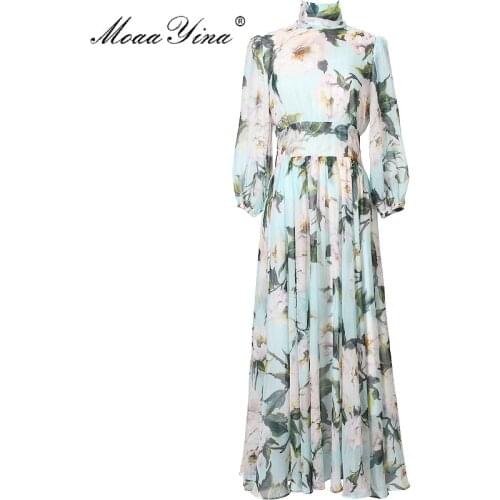 MoaaYina 2021 Autumn Long Floral Vacation Dress Womens Elegant Bow Printed Chiffon Bohemian A-line Dress