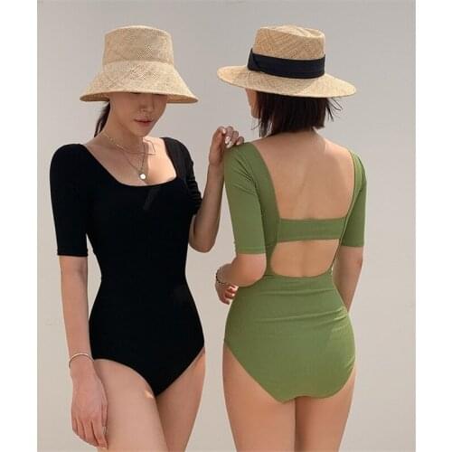 2021 New Swimsuit Fashion Slim Slim One-piece Half Sleeve Female Swimsuit