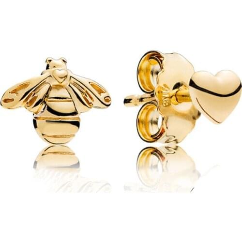 Original S925 Sterling Silver Pan Earringgold Plated Love And Honey Bee Shine Earrings For Women Wedding Gift Fashion Jewelry