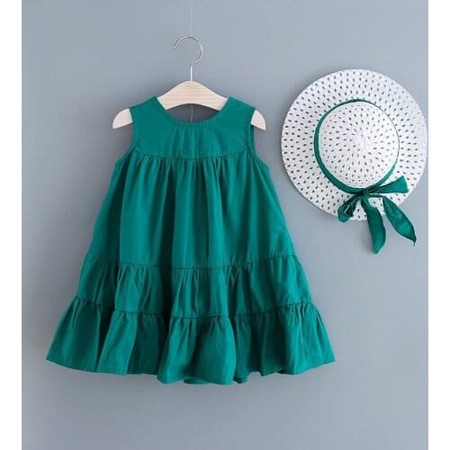 Baby Girl Dress 2021 Summer 100% Cotton Tops Sleeveless Dress Solid Green Fashion Dress Baby Girl Princess Tops Dressd Clothes