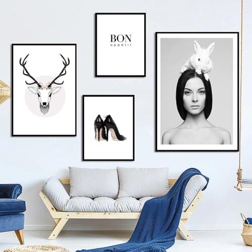 Nordic White Rabbit Girl Deer Head Wall Art Poster and Print Canvas Painting Decorative Picture For Living Room Home Deco