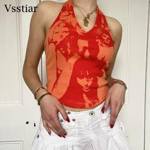 Vsstiar Sexy Tank Top Orange Portrait Printed Sleeveless Y2K Halter Cropped Summer Women Fashion Green Backless Party Tops
