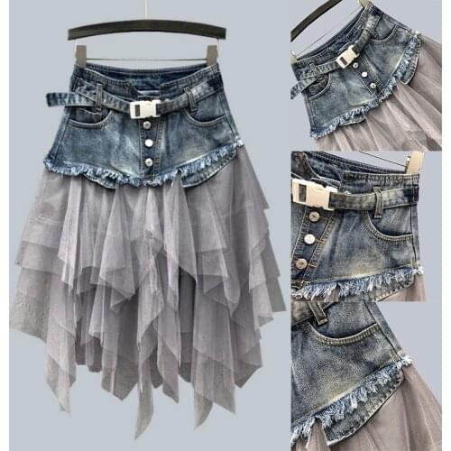 NEW Women Denim Mesh Patchwork Lace Skirt High Waist A Line Asymmetric Frill Tulle Gothic Chic Skirts