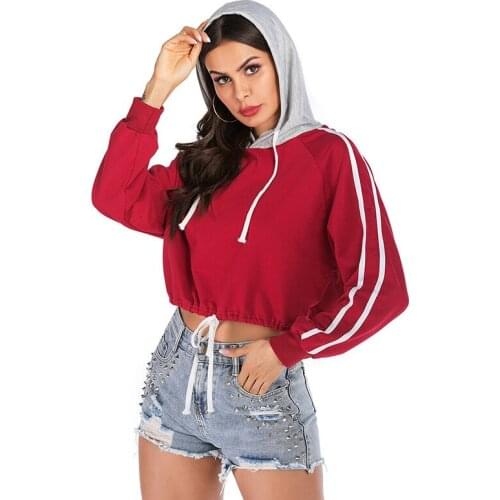 Womens Fall 2021 Loose Hooded Sweatshirt Stitching Striped Long Sleeve Base Short Sweatshirt Streetwear Wn
