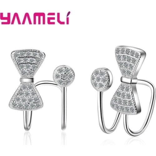 Women New Punk Style Clip Earrings Bow-Knot Ear Cuff Without Piercing 100% 925 Sterling Silver Anniversary Party Jewelry Gifts