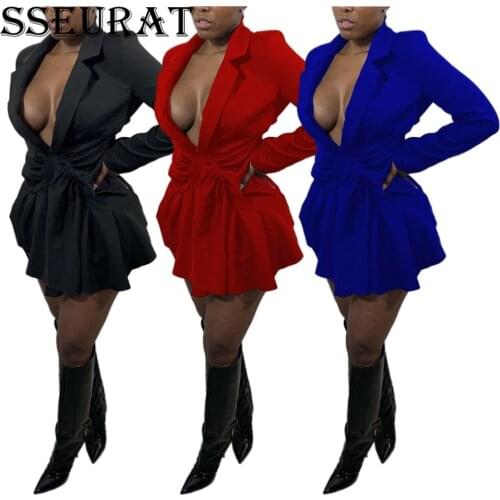 SSEURAT Women Mini Dress Solid Full Sleeve Turn-down Collar Shirring Dresses Sexy Fashion Vestidos Autumn 2021
