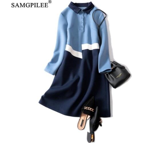 Winter Dress Women 2021 Casual A-line Patchwork Wrist Sleeve Dress Korean Style Knee-length Turn-down Collar Woman Dresses 4XL