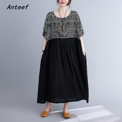 Short sleeve cotton vintage floral dresses for women casual loose long woman summer dress elegant clothes 2021