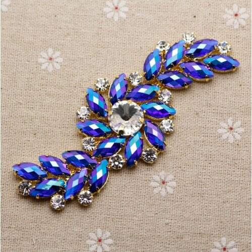10.3*4.2cm sparkling glass blue AB rhinestone applique Gold Base DIY wedding evening dress shoulder Chain sewing decoration