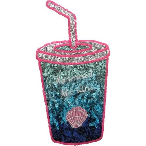 2pcs/lot New Arrival Straw Drink Cup Sequined Sew on Patches for Clothes Bags DIY Sewing Sequins Applique Patch