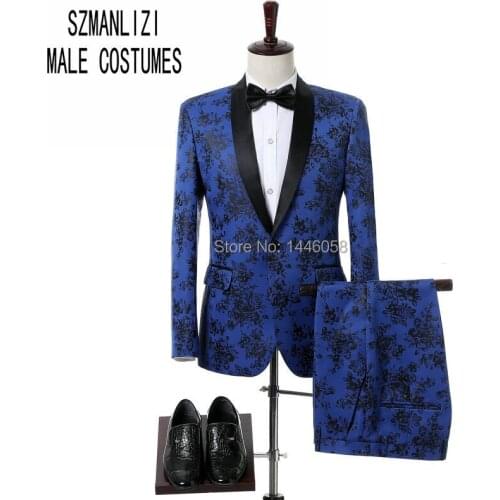 2018 Slim Fit Classic Mens Coat Pants Party Suit Wedding Groom Tuxedo Groomsmen Shawl Lapel Blue And Black Rose Men Suit