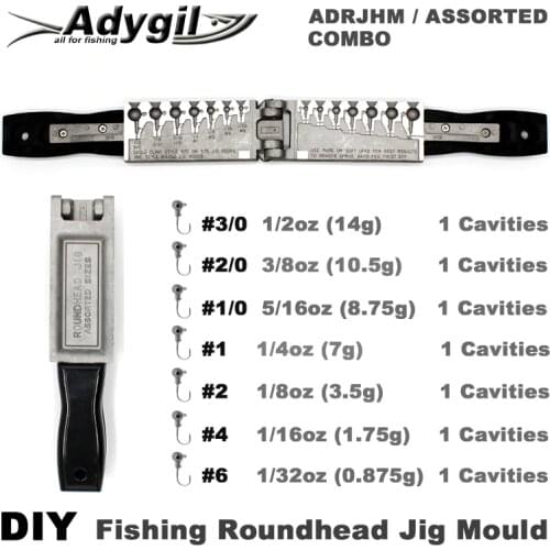 Adygil DIY Fishing Roundhead Jig Mould ADRJHM/ASSORTED COMBO 1/32oz, 1/16oz, 1/8oz, 1/4oz, 5/16oz, 3/8oz, 1/2oz 7 Cavities