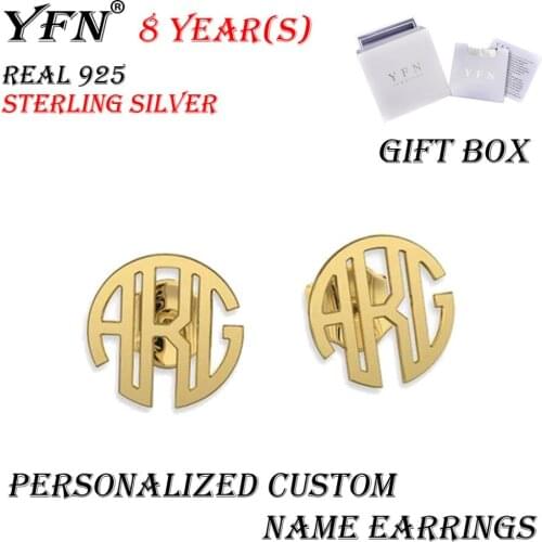 YFN Brand Sterling Silver Custom Personalized Monogram Name Stud Round Earrings Birthday Gift