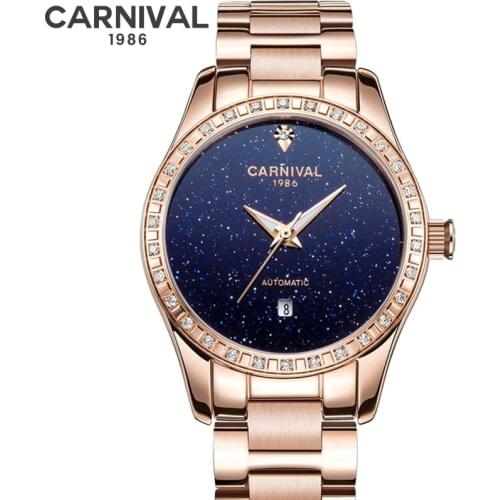 CARNIVAL Brand Women Fashion Mechanical Watch Ladies Waterproof Luminous Starry Sky Casual Automatic Wristwatch Relogio Feminino