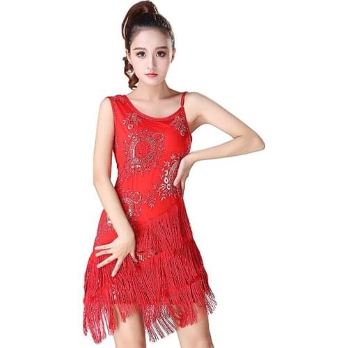 Cheap Women Dance Clothes Dinner Dress Salsa Costume Ballroom Competition Braces Dresses Sequins Latin Dance Wear for Girls