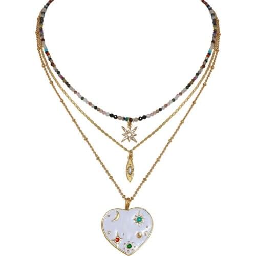 European and American small crowd design enamel love inlaid natural stone stars sun moon matte color three layer Necklace female