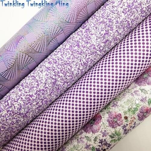 PURPLE Glitter Fabric, Flowers Glitter Fabric, Dots Printed Synthetic Leather For Bow A4 21x29CM Twinkling Ming KM014