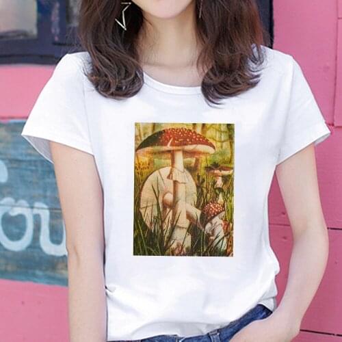 Vintage Mushroom Print T-shirt Women Harajuku Summer Loose Casual Streetwear Female Casual Pullover T-shirt Aesthetic Clothes