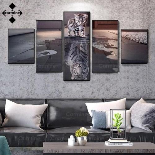 Cat Tiger Module Picture 5 Pieces Hd Painting Nordic Art Animal Printing Poster for Office Living Room Home Frameless Decoration