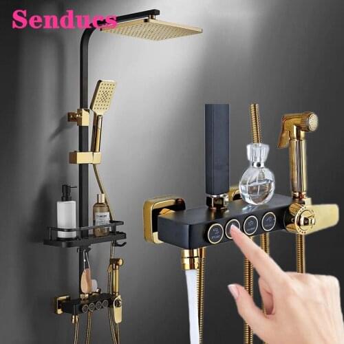 Senducs Bathroom Shower Set Copper Brass Bathtub Faucet ABS Rainfall Shower Head Wall Mounted Black Gold Thermostatic Shower Set