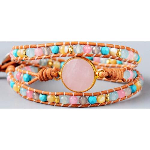 Fancy Teengirls Leather Wrap Bracelets W/ Mix Stone Rose Quartzs 3 Strands Bracelet Femme Women Jewelry Bijoux