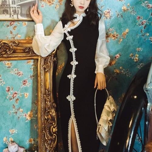 Autumn New Fashion Retro Slim Lace Stitching Waist Temperament Improved Cheongsam Dress