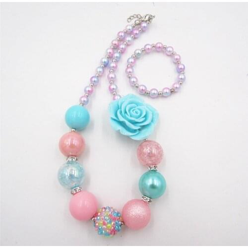 New Style Cute Child Girl Gift Chunky Necklace Light Blue Flower 20MM Rhinestone Bubblegum Necklace Bracelet Set Toy For Kids