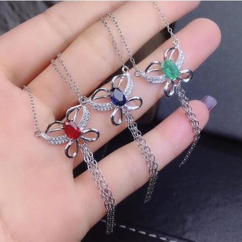 Natural red ruby necklace S925 silver natural Emerald sapphire necklace fashion Lovely Bow Butterfly girl gift party jewelry