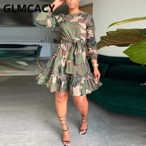 Long Sleeve O Neck Camo Printed Dress Casual Fall Winter Mini Dress