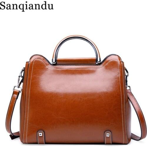 Sanqiandu Vintage Genuine Oil Wax Cow Leather Womens Handbag Shoulder/Messenger Bag Shopping Handle Bags Satchel Handbag Brand