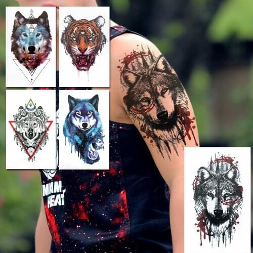 Spray Wolf Temporary Tattoo For Men Women Watercolor Tiger Coyote Tatoos Triangle Henna Dreamcatcher Waterproof Fake Tattoo Arms