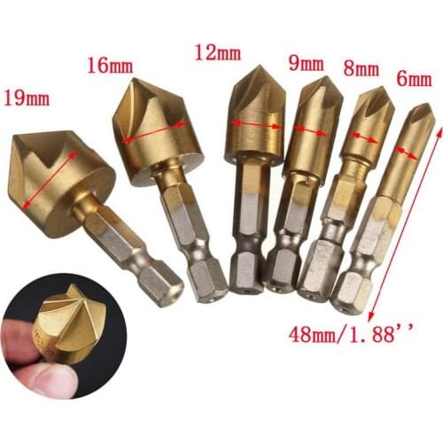 6pcs 5 Flutes HSS Countersink Chamfer Drill Bit 1/4" Hex Shank Titanium Coated Woodworking Core Dril Bit Power High Speed Steel