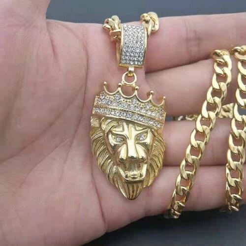 Hip Hop Bling Iced Out Rhinestones Gold Stainless Steel Crown Lion Pendants Necklace for Men Rapper Jewelry 7mm 61cm Cuban Chain