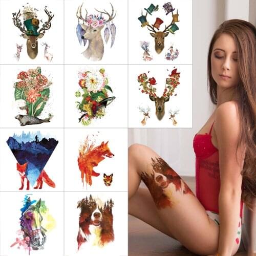 Thigh temporary tattoo stickers deer elk moose Color waterproof tattoo stickers Fox horse Body art tattoo for women
