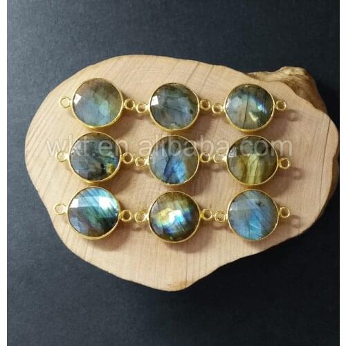 WT-C118 Raw labradorite stone connector fashion faceted labradorite connectors for bracelet making 24K gold trim connector