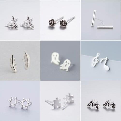 Real 925 Sterling Silver Geometric Earrings for Women Bar Music Puzzle Motorcycle Star Earrings Small Jewelry Gifts Men Child