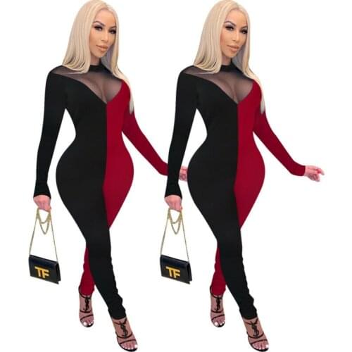 Women Sexy Long Sleeve Color Block Sheer Mesh Patchwork Zipper Bodycon Jumpsuit